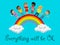 Kids or children hand in hand on colorful rainbow positive message against pandemic crisis vector illustration isolated