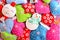 Kids Christmas background. Cute felt ornaments for Christmas. Felt Christmas trees, snowmen, hearts, stars, mittens toys. Top view