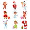 Kids in christmas costumes. Xmas cartoon children, new year holiday characters, animals and fairy-tale heroes, santa