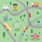 Kids City map with roads and transport. Hand drawn cars, trucks, buses, houses and roads