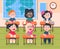 Kids in classroom. Cartoon children in school studying reading and writing, cute happy girls and boys. Vector pupil