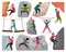 Kids climbing vector climber children character climbs rock mountain wall or mountainous cliff illustration