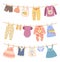 Kids clothes on ropes with clothespin. Cute child dress, shirts, pants. Children clothing hanging on rope, drying baby