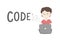 Kids coding. Little boy coding on his laptop with text code and coding numbers around. Vector ilustration