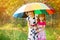 Kids with colorful umbrella playing in autumn shower rain. Little girls play in park by rainy weather.