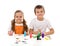 Kids coloring with lots of small painting bottles