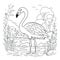 Kids coloring page of a flamingo in the swamp that is blank and downloadable for them to complete