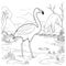 Kids coloring page of a flamingo in the swamp that is blank and downloadable for them to complete