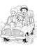 kids coloring page, friendly, cute, family inside a ca