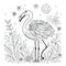 Kids coloring page of a happy flamingo with flowers that is blank and downloadable for them to complete