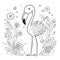 Kids coloring page of a happy flamingo with flowers that is blank and downloadable for them to complete