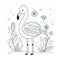 Kids coloring page of a happy flamingo with flowers that is blank and downloadable for them to complete