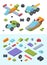 Kids constructor toys isometric set. Variety modern colored tiles details assembled toy models wheeled tank airplane