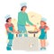 Kids cooking class with children preparing with help of an adult, vector isolated.