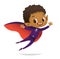 Kids Costume Party. African-American Dracula Vampire Boy in Halloween devil costume laughing and flying. Cartoon vector