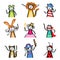 Kids in costumes, set of stick figure children dressing up for Halloween, carnival, costume party