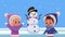 kids couple with snowman in snowscape