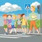 Kids crossing road with teacher. Vector illustration.