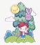 Kids, cute little boy with balloon shaped rabbit landscape
