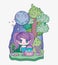 Kids, cute little girl anime cartoon with backpack tree night moon