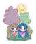 Kids, cute little girl anime cartoon characters trees sunny day