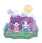 Kids, cute little girls anime cartoon mountains sun clouds grass stones