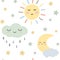 Kids cute pastel sleeping sun, moon, rainy cloud seamless pattern