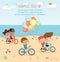 Kids cycling on the beach, kids riding bikes on beach