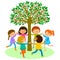 Kids dance around a tree