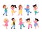 Kids dancing. Children characters dance and sing, little happy girls and boys listen melodies, young music lovers, notes