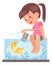 Kids destroy. Children bad behavior. Naughty girl putting smartphone into aquarium. Mischievous teenager breaking device