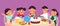 Kids dinner. Children eat rice, school lunch. Cute cartoon toddlers sitting at round table with healthy food. Holiday