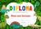 Kids diploma with cartoon dinosaur reptiles, dino