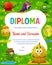 Kids diploma, cartoon durian and carambola fruits