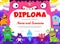 Kids diploma with cartoon monster characters