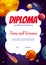 Kids diploma, cartoon space planets, stars, galaxy