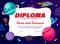 Kids diploma, cartoon space rocket, galaxy planets