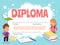 Kids diploma. Fun children celebrating certificate with characters for kindergarten preschool or school vector cartoon