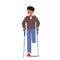 Kids Disability Lifestyle Concept. Disabled Boy without one Leg Stand on Crutches. Patient Rehabilitation after Accident