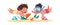 Kids diving. Cartoon children swimming underwater with goggles and snorkels. Girls and boys dive for seashells and