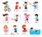 Kids do sport, vector illustration, flat style. Children characters, isolated on white, practicing different sports