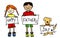 Kids and dog holding empty signs illustration