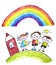 Kids drawing image. Little children, boys and girls. School, kindergarten illustration. Play and grow. Teacher with students