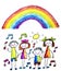 Kids drawing image. Little children, boys and girls. School, kindergarten illustration. Play and grow. Teacher with students