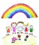 Kids drawing image. Little children, boys and girls. School, kindergarten illustration. Play and grow. Teacher with students