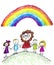 Kids drawing image. Little children, boys and girls. School, kindergarten illustration. Play and grow. Teacher with students