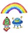 Kids drawing image. Space exploration. School, kindergarten illustration. Play and grow. Crayon image. Ufo, alien, spaceship,