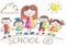 Kids drawing. Kindergarten. School. Happy children with teacher. Crayon illustration. Back to school image.