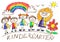 Kids drawing. Kindergarten. School. Happy children with teacher. Summer and rainbow, flower. Crayon illustration.