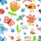 Kids drawing seamless pattern. Colorful childish arts. Colorful pencil doodles background. Preschool creativity. Summer